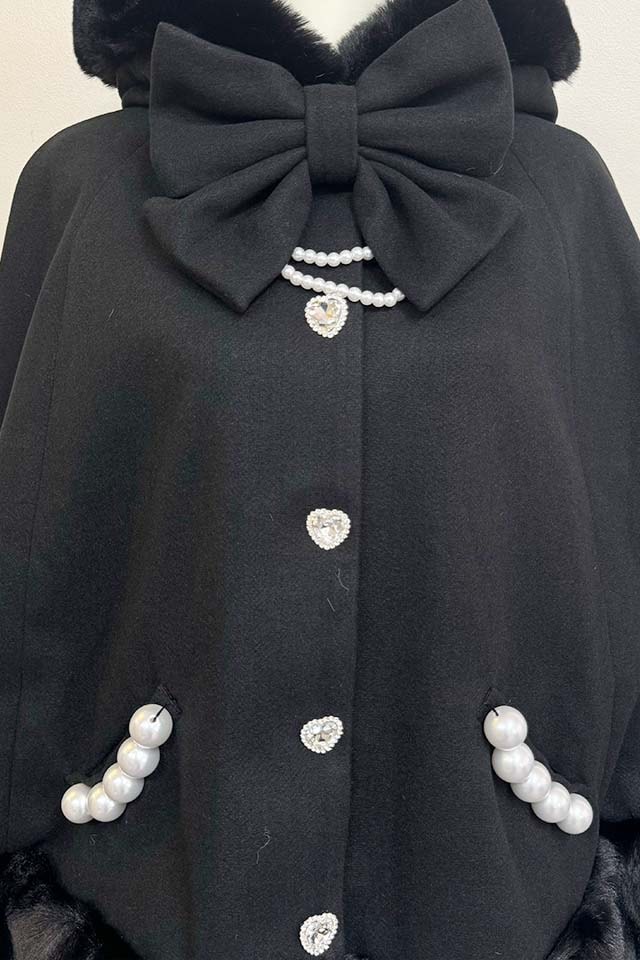 Princess Melody】リボン付きボリュームファーフードケープコート