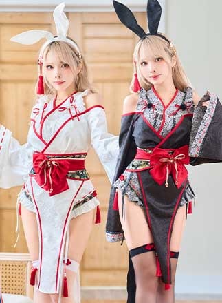 即日発送】ロングスリット巫女バニー《オリジナルコスプレ9点セット