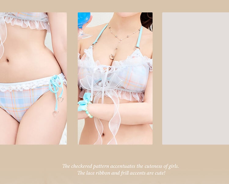 即日発送】シルキーシャボンチェックビキニ《レディース水着5点セット
