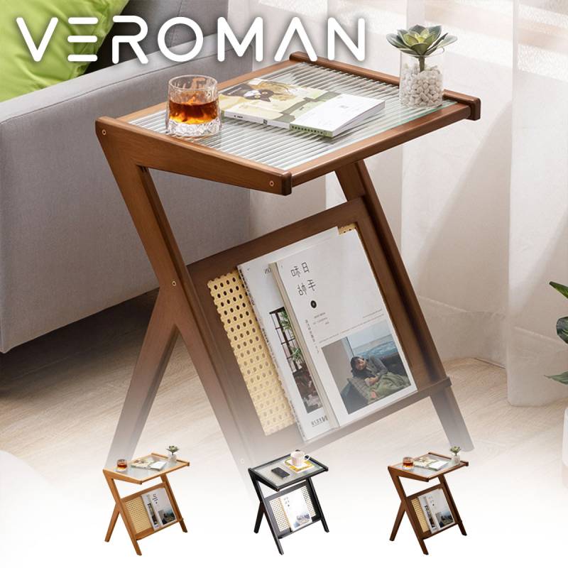VeroMan ガラスサイドテーブル 木製フレーム ラタン編み マガジン