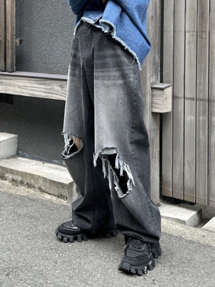 大阪店WEB限定【Chikashitsu +】vintage crash denim pants (2color