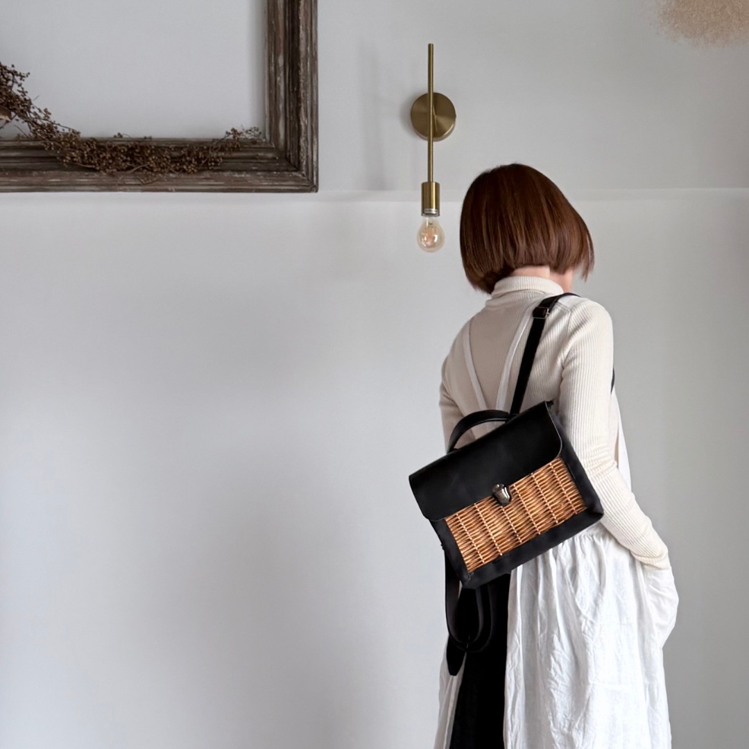 新仕様モデル）3wayで使える革とカゴのリュック【革とカゴとクボ