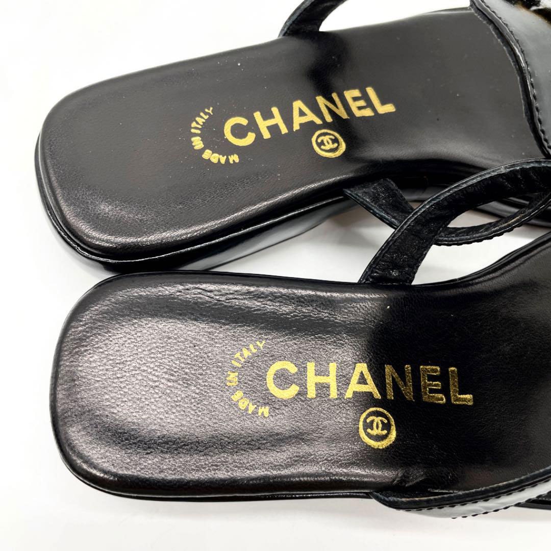 CHANEL シャネル サンダル エナメル レザー 98P ブラック ゴールド金具