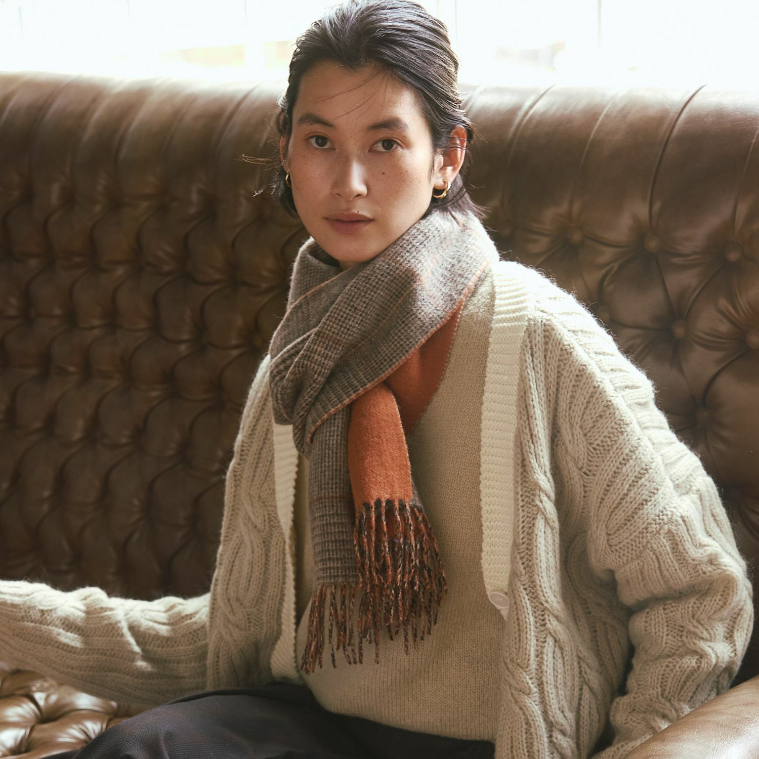 カシミヤブレンドチェックリバーシブルマフラー＜オレンジ＞ | Maria