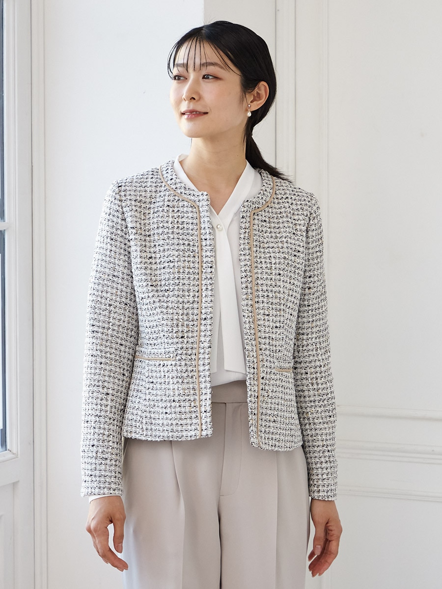 3点セット】ツイードジャケット＋ボウタイブラウス＋テーパードパンツ