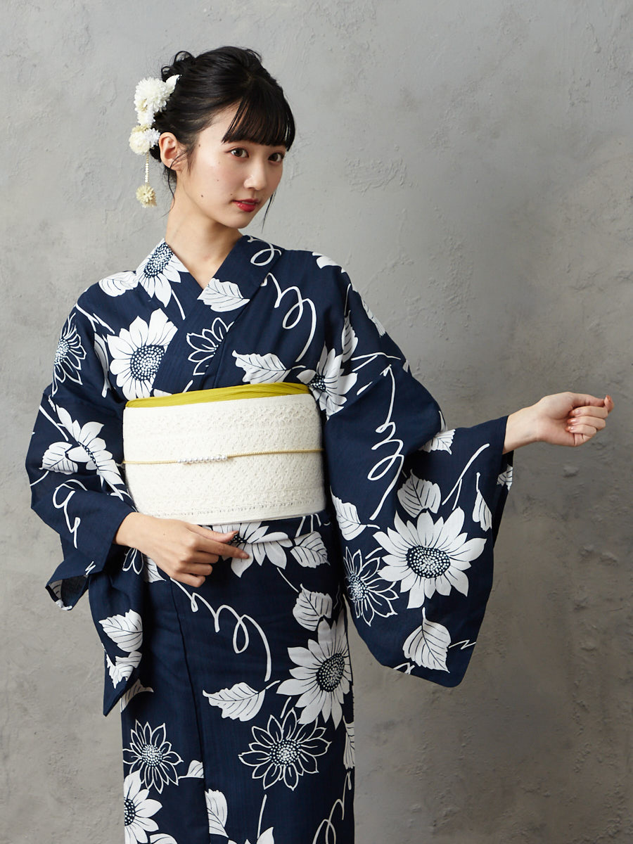 浴衣単品「 NaturalFurifu ひまわり 」(FREE ネイビー): ふりふ
