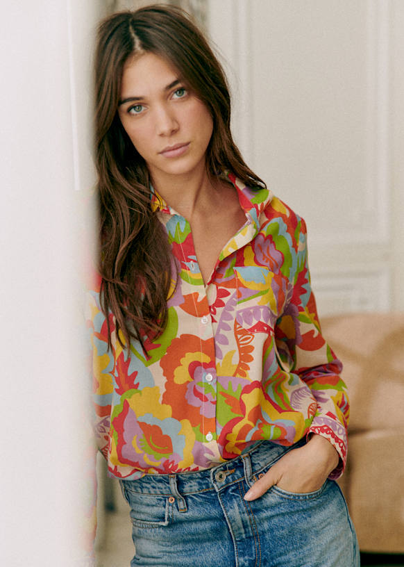 Tomboy Shirt - Embroidered Blue Denim - Cotton - Sézane