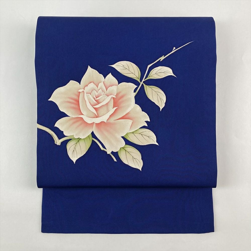 中古）名古屋帯 青色 カジュアル 名古屋仕立て 塩瀬 染め 花葉