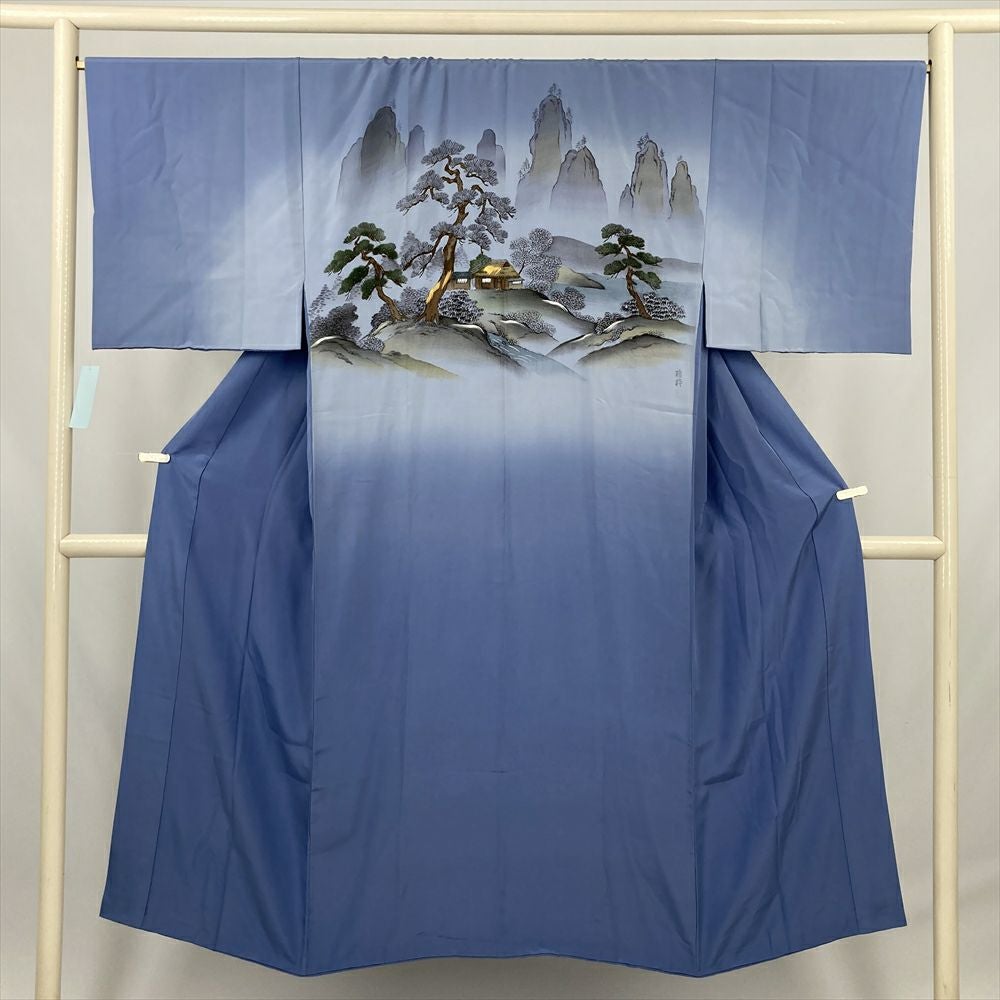 中古） 男物長襦袢 灰青 景色文 絹【身丈】142.5cm【裄丈】68cm