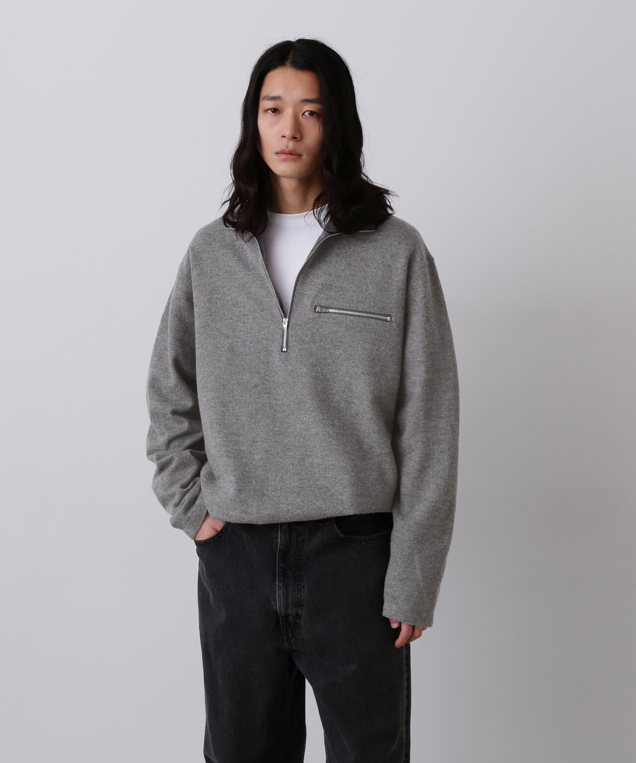 YLEVE / ULTRAFINE MERINO MILLED WOOL KNIT HALF ZIP PULL OVER
