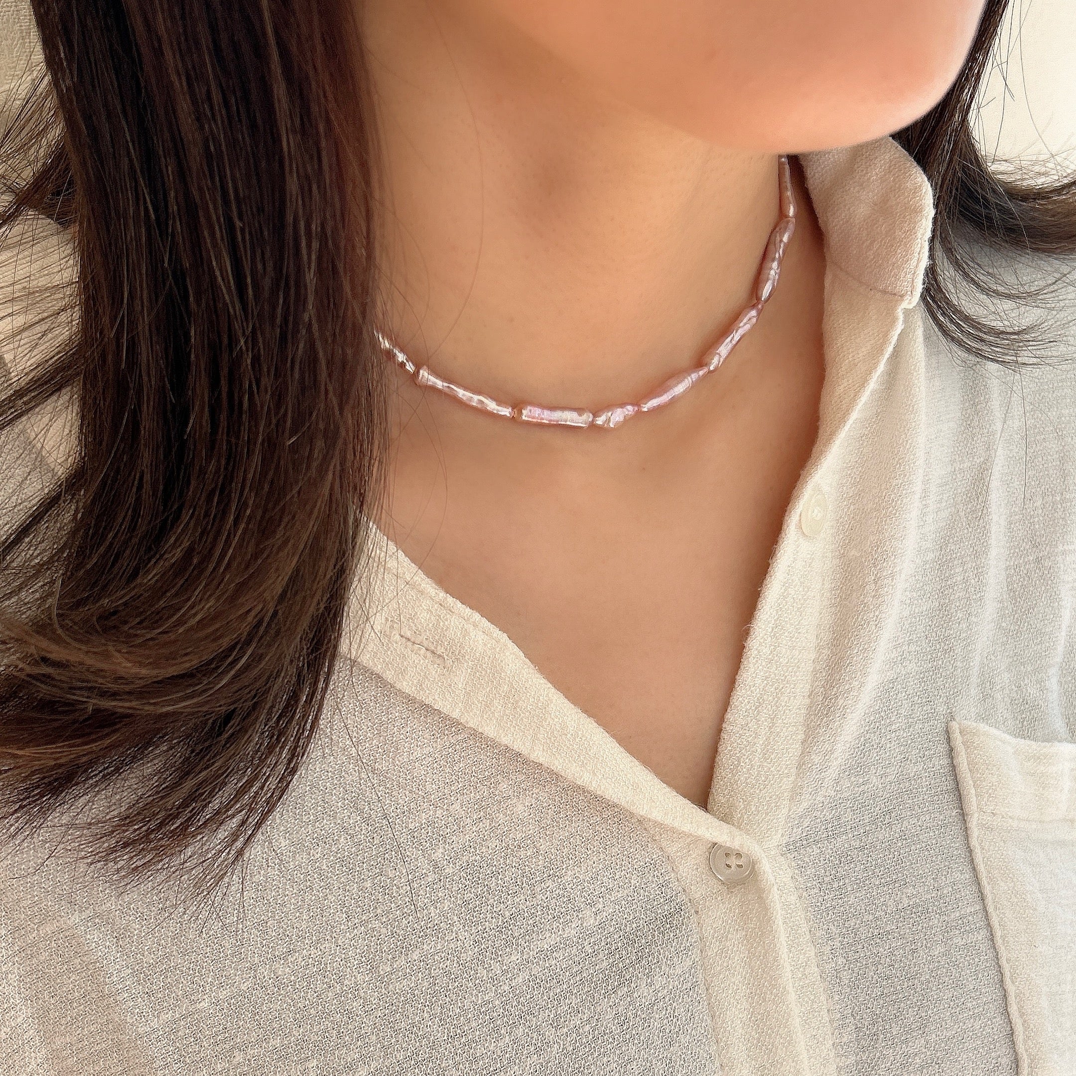 SV925棒型ピンク淡水パールチョーカーネックレス