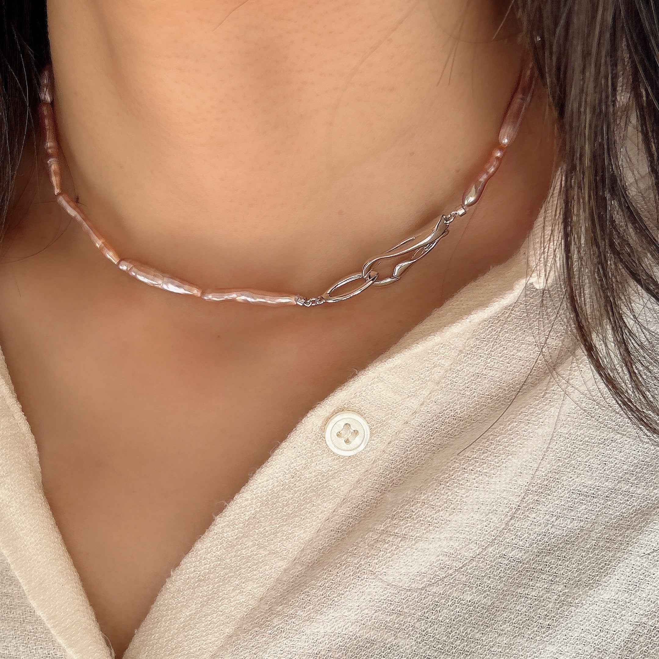 SV925棒型ピンク淡水パールチョーカーネックレス