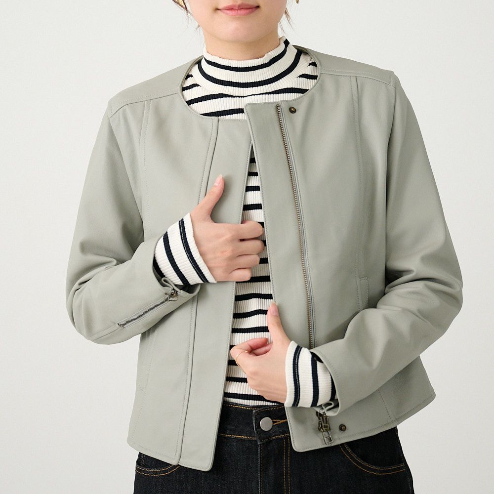 ラムレザー ノーカラージャケットブルゾン(グレー) | もりのがっこう公式