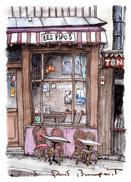 絵画の水彩画で高橋文平が描いたフランスの絵「パリの小さなカフェ」を
