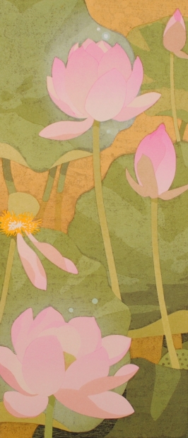 花の絵画を木版画で制作した本荘正彦の和の蓮の花の絵「蓮華瑞相」を