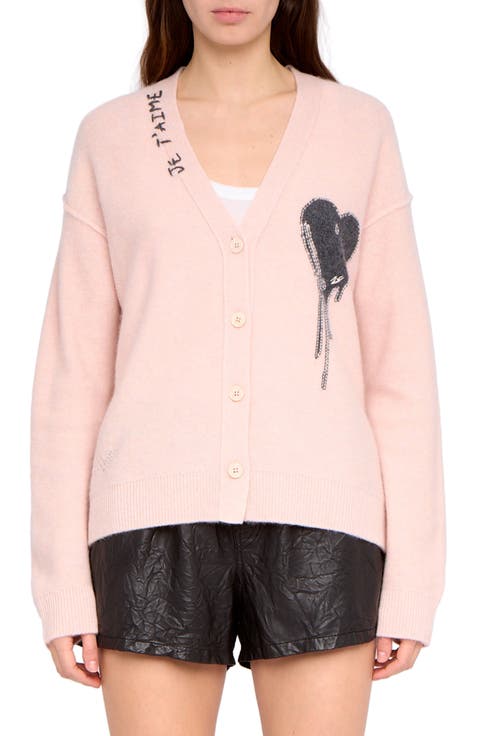 Zadig & Voltaire Mikyz Heart Appliqué Cashmere V-Neck Cardigan