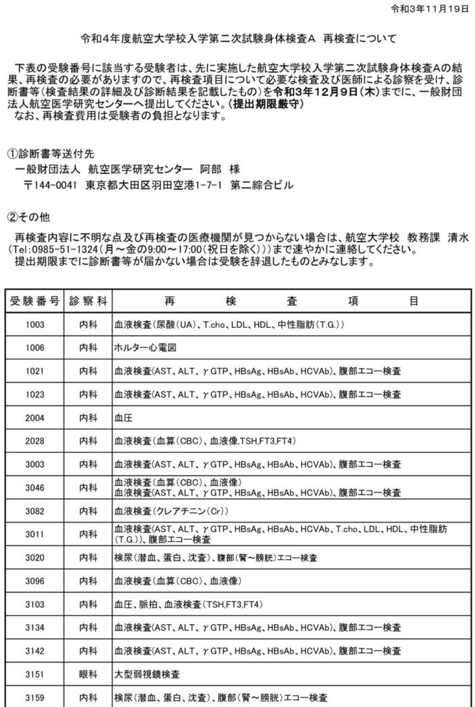 航大二次試験【航空身体検査】再検査項目⑦年分仕分け！再検査率は