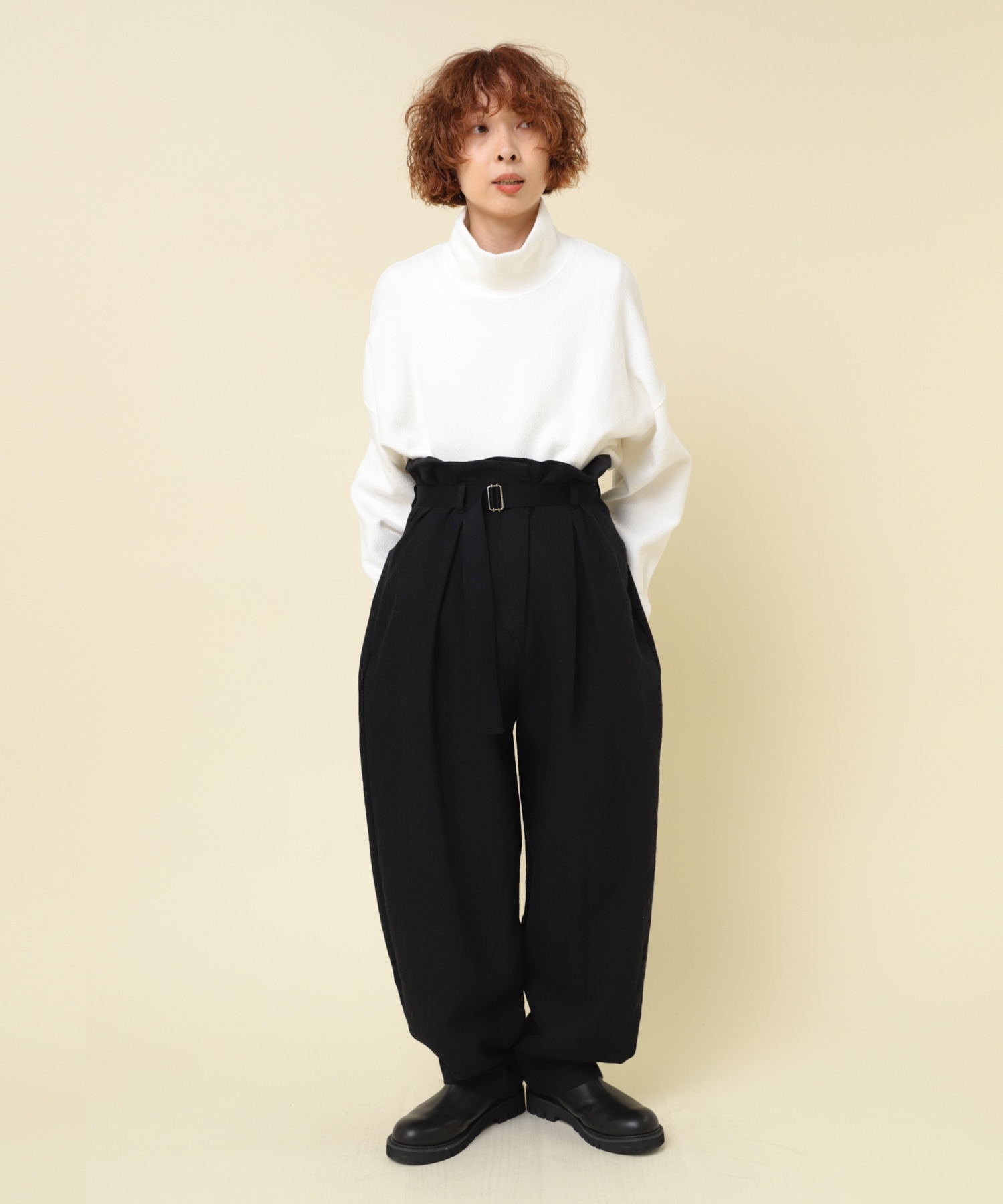 R4264 コットンリネンウールハイウエストパンツ(M ブラック): パンツ