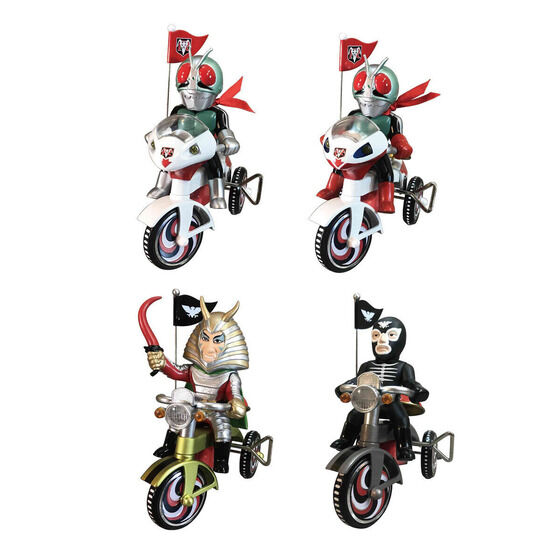 仮面ライダー』ゼンマイ式三輪車に乗ったソフビフィギュアが4種登場