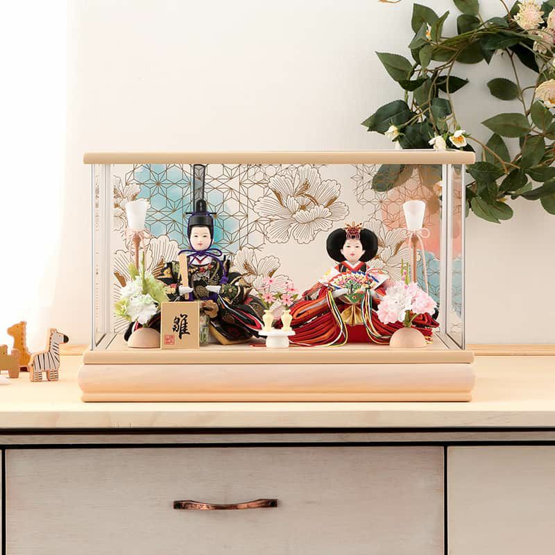 雛人形 コンパクト ひな人形 雛 ケース飾り 親王飾り 花柄透かし背景