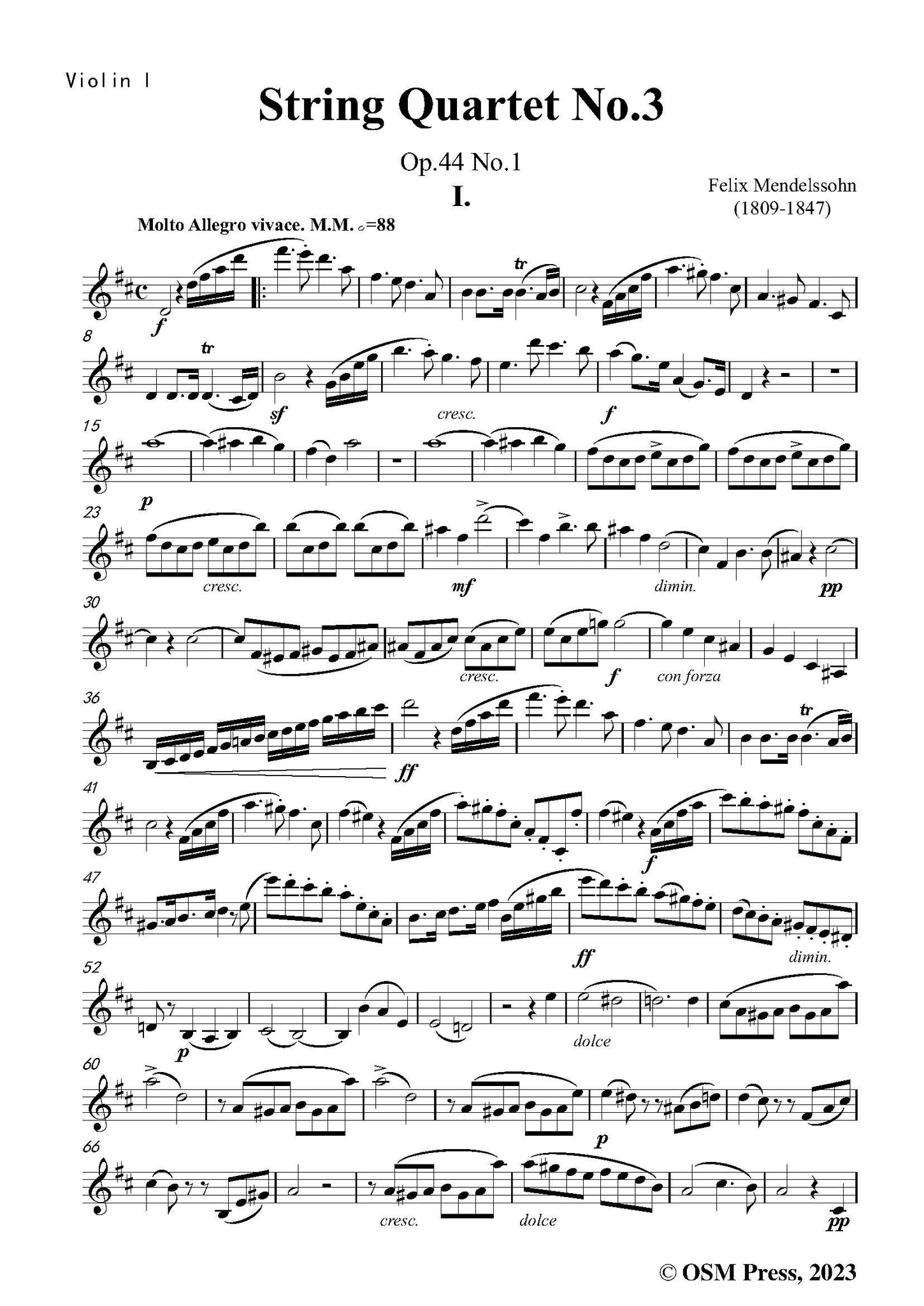 Mendelssohn String Quartet No.3,in D Major,Op.44 No.1 – Open Sheet