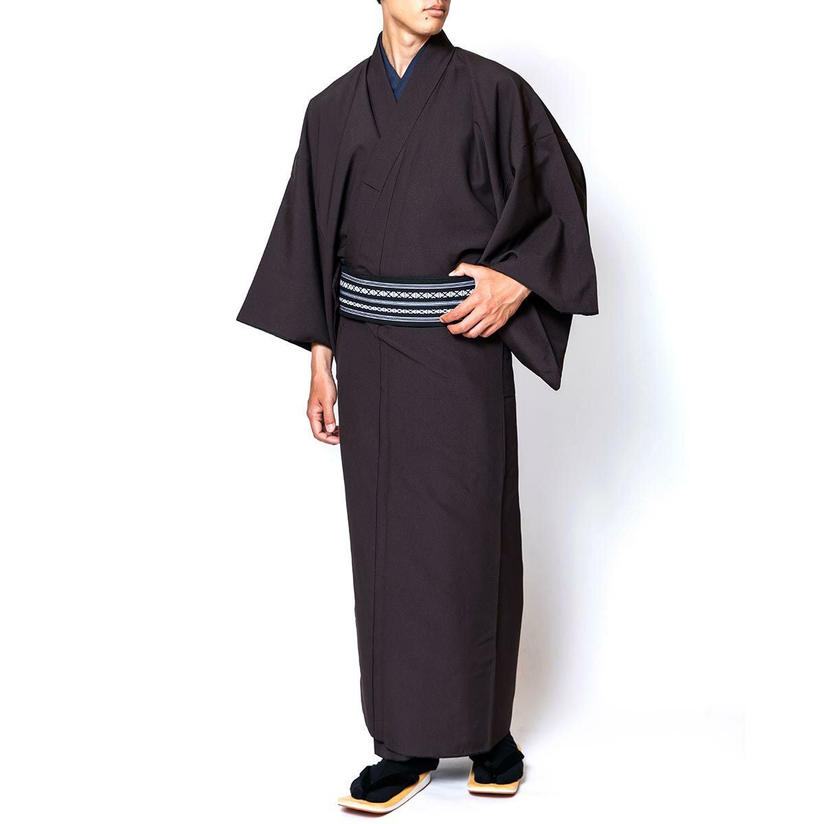 男着物 10点フルセット 大きいサイズ 洗える ちりめん 袷 焦茶