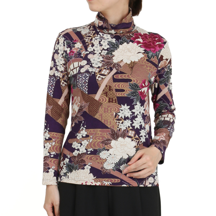 花柄 タートルネック長袖 ＜竹に花尽くし/紫＞ | 京友禅アロハシャツ