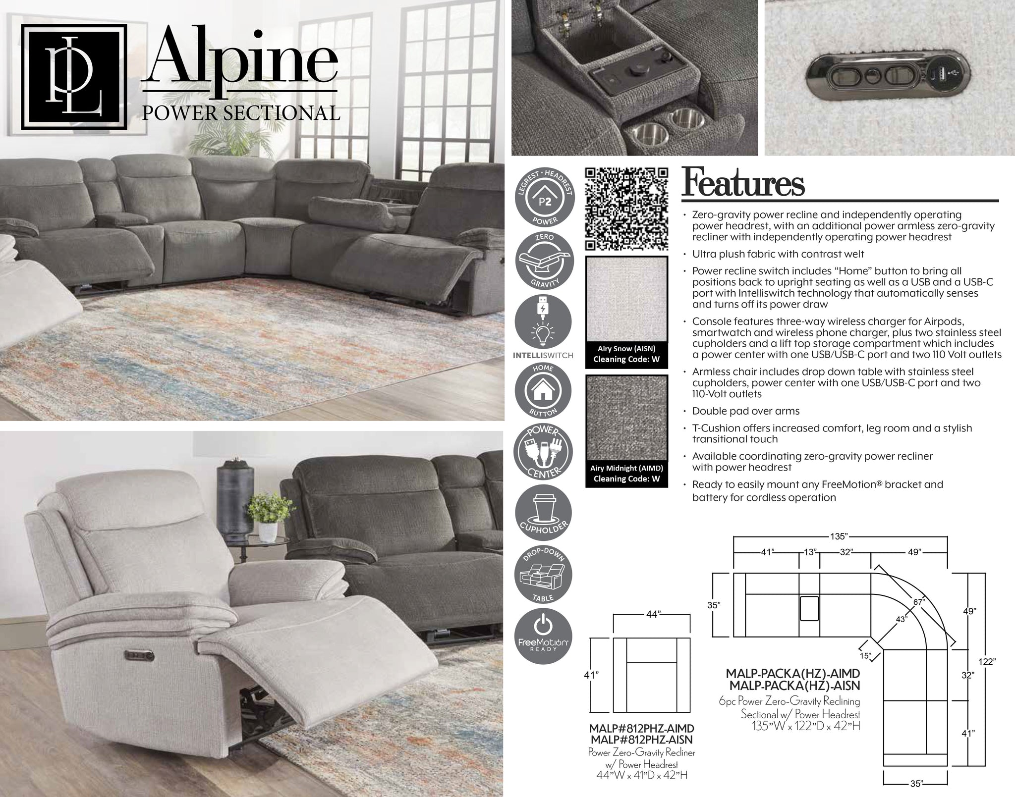 ALPINE - AIRY SNOW 6pc Zero Gravity Modular Power Reclining