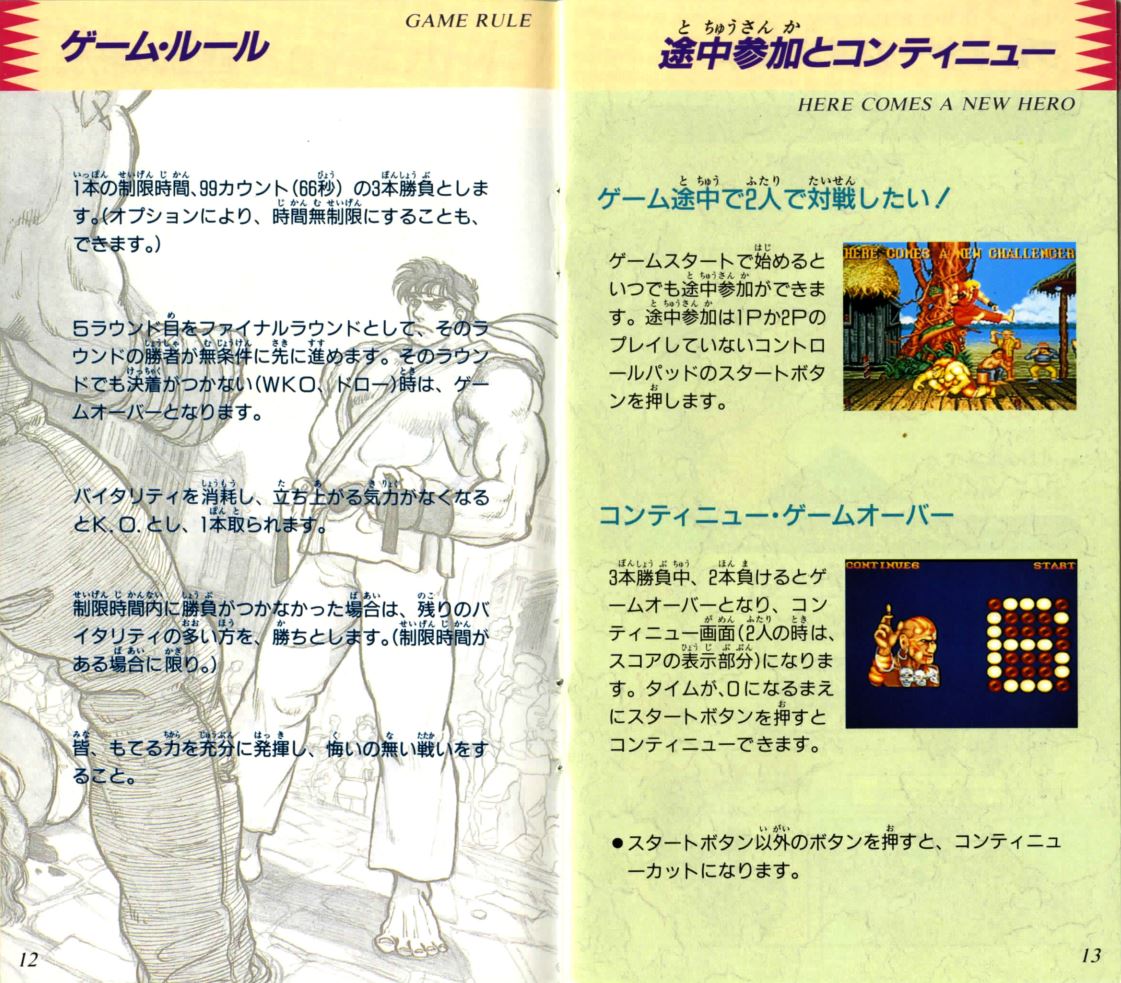 スーパーファミコン版ストⅡの取扱説明書の一部。イラストがたくさん