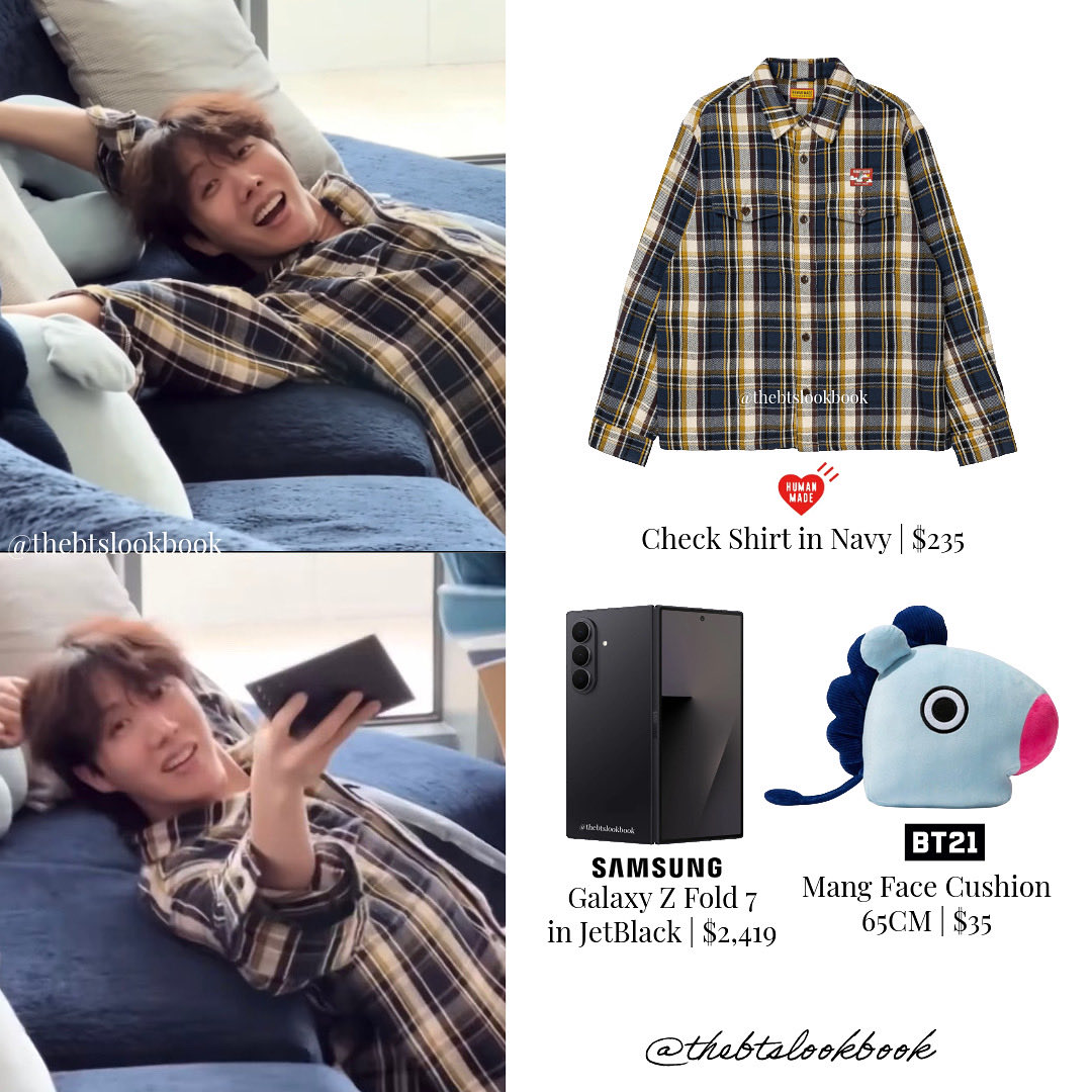 j-hope wearing Human Made “Check Shirt”, @SamsungMobile “Galaxy Z