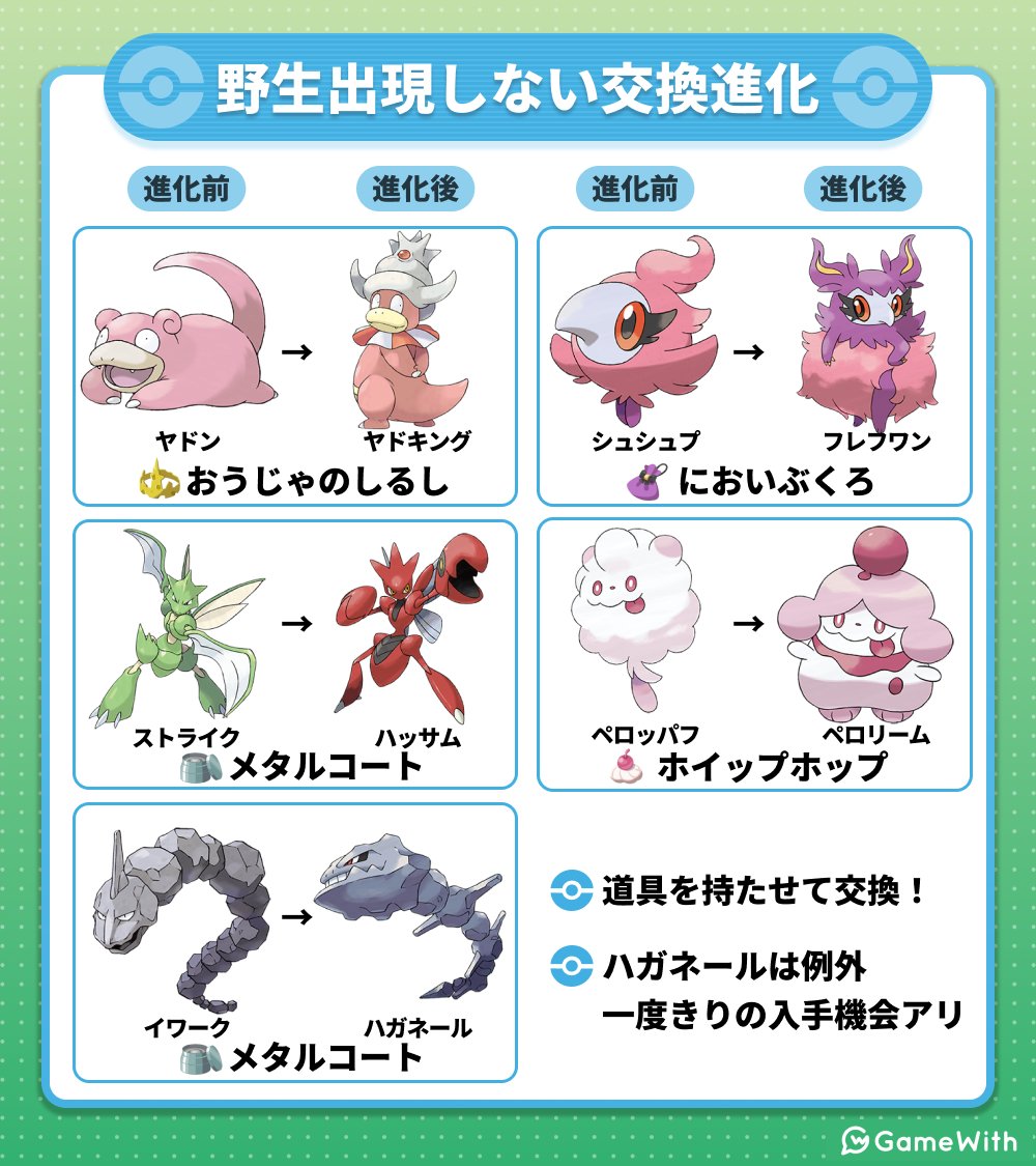 交換進化ポケモンの野生出現まとめ ／ フーディン・ゲンガーなど6種は