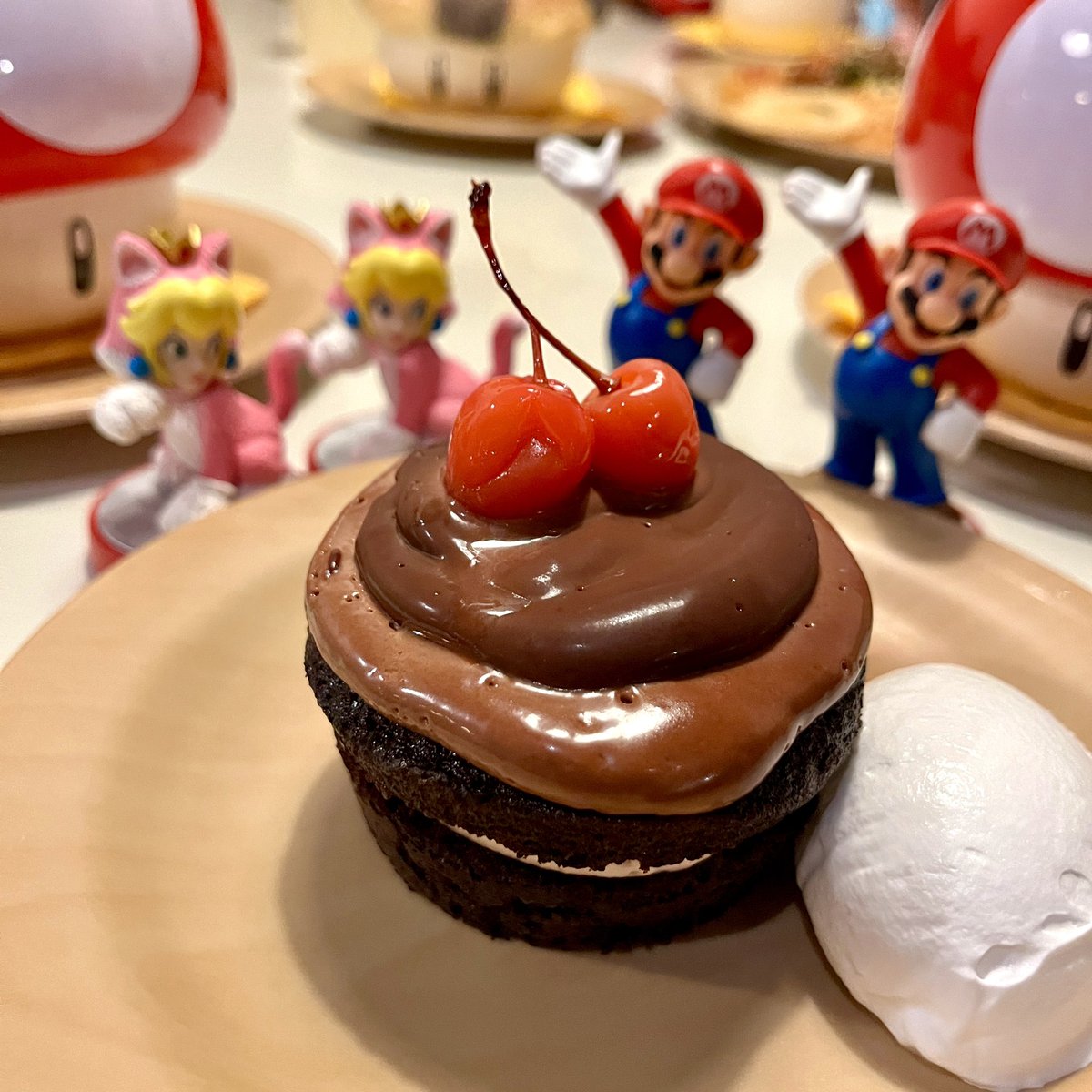 ダブルチェリーのチョコレートカップケーキ🍒950円 キノピオカフェで