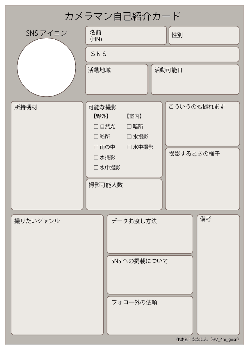 ちなみにカメラマンさん向け自己紹介カード作ったんだけど、この項目