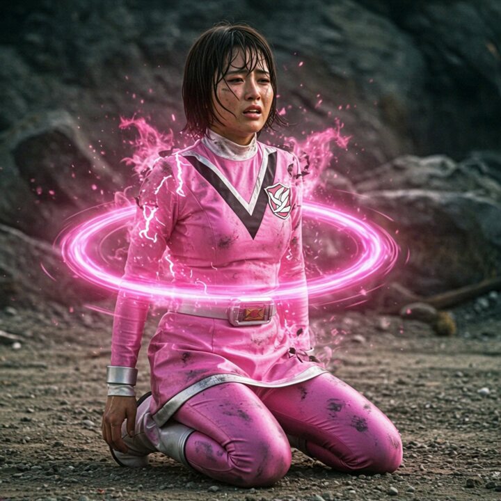 ヒロインピンチ #SuperHeroine #AIart ピンクのスーツの色が徐々に薄れ