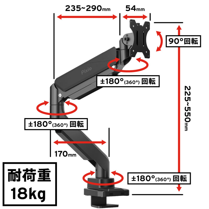 PS2S シングルモニターアーム / ブラック | Pixio