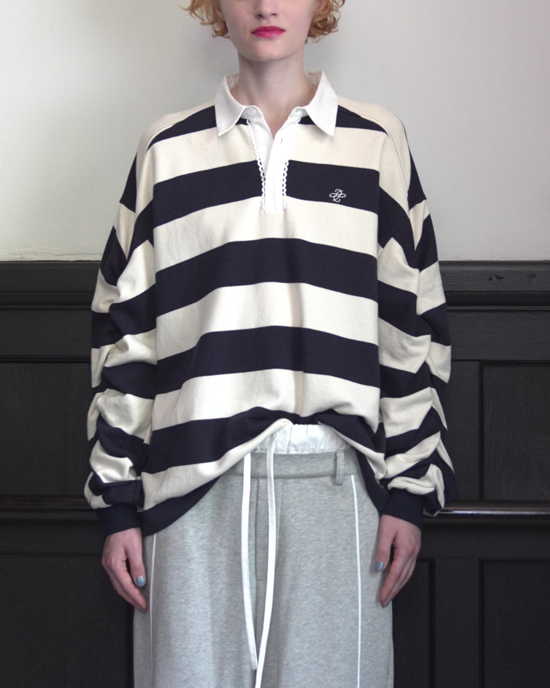 Gathered sleeve rugby shirt (ivory/navy)