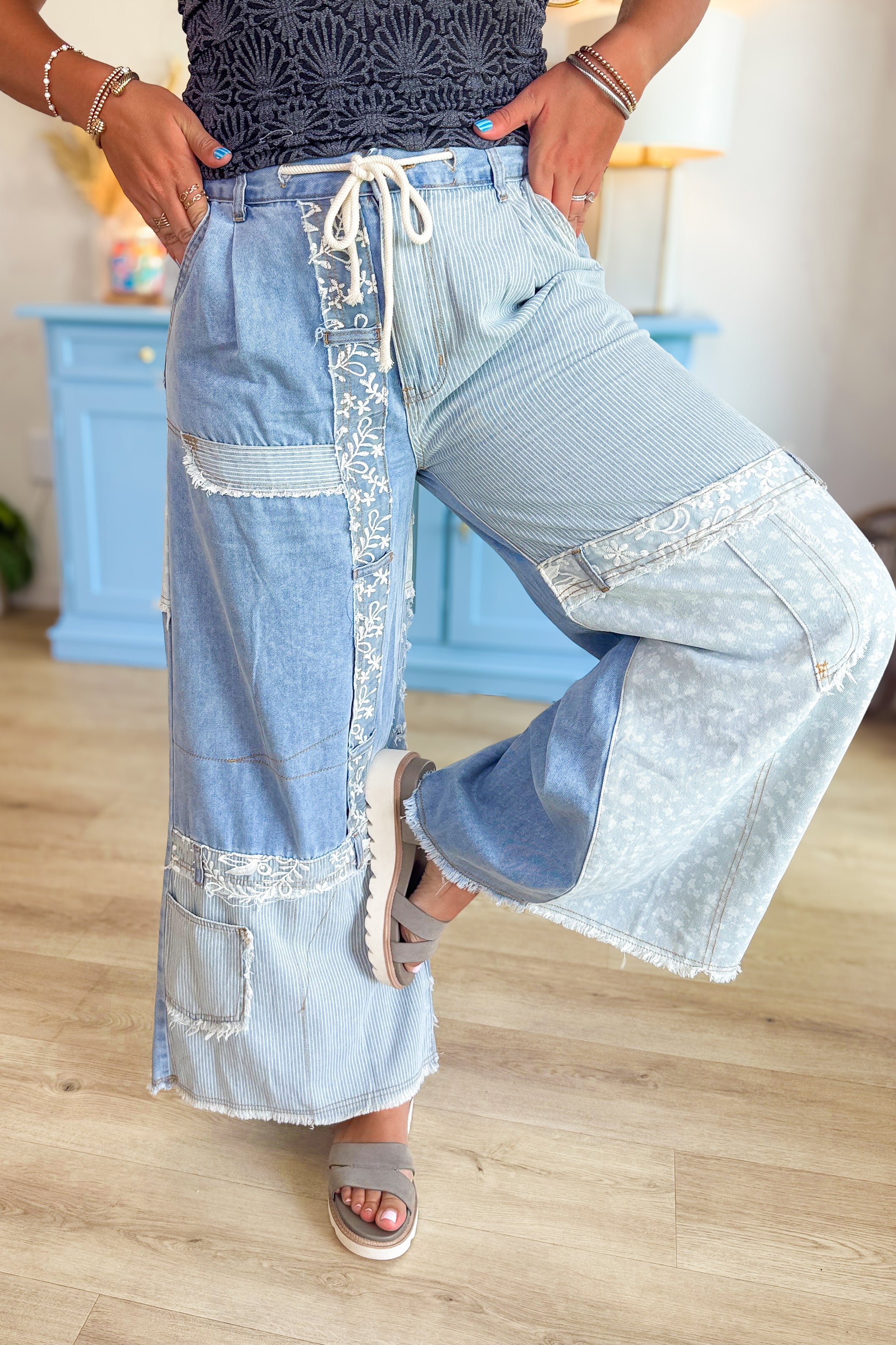 Seam & Story Patchwork Pants – Wide Leg Boho Denim with Floral