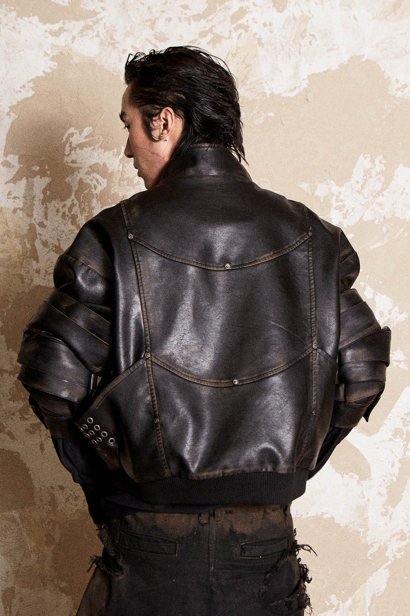FLYERRER Mutation Layered Armor Spliced Faux Leather Jacket