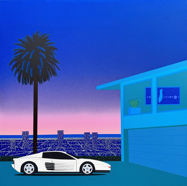 1980s stylized acrylic painting depicting a city scene at sunset