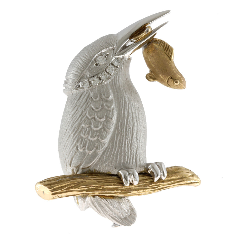カワセミ 鳥 バード 魚 ブローチ 18金 K18ホワイトゴールド
