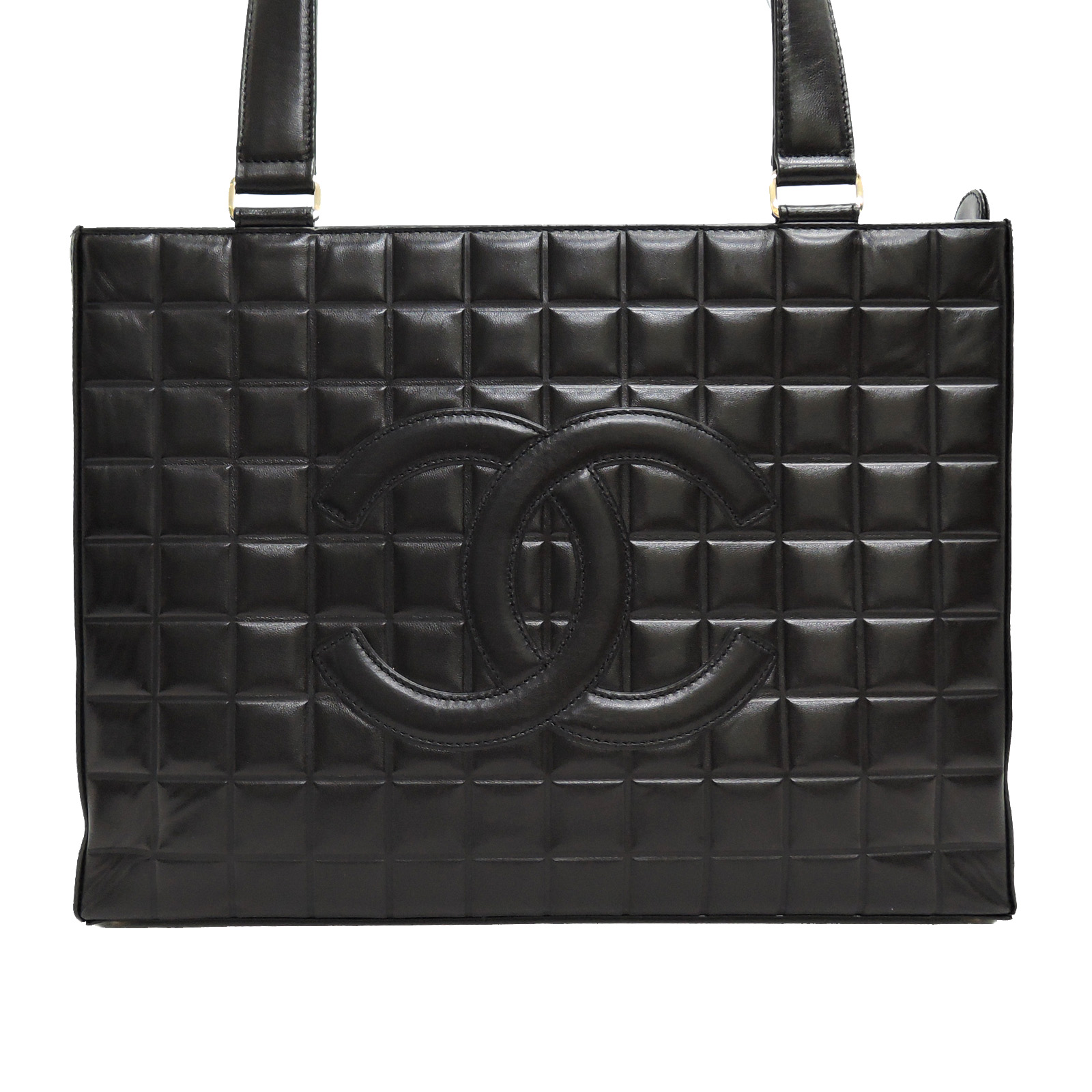 CHANEL Chocobar Calf Skin Leather Black Shoulder Bag Tote Bag