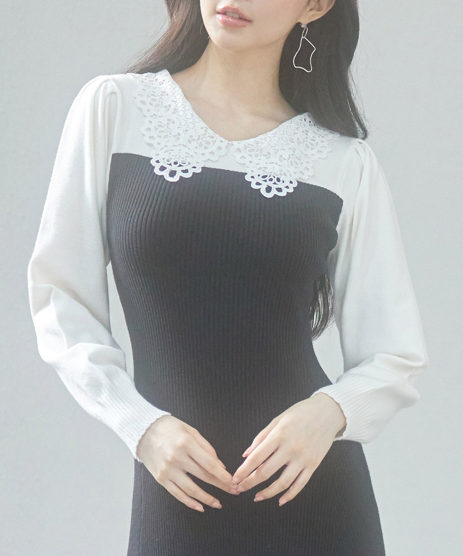 レース襟バイカラーニットワンピースsdp8017 ブラック – [公式]SAISON