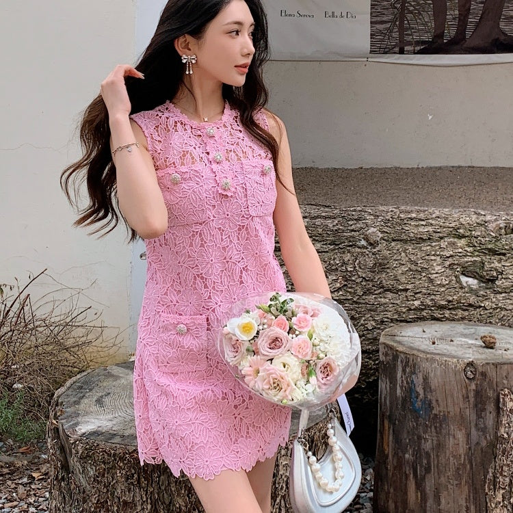 ノースリーブピンクレースミニワンピース– Salang