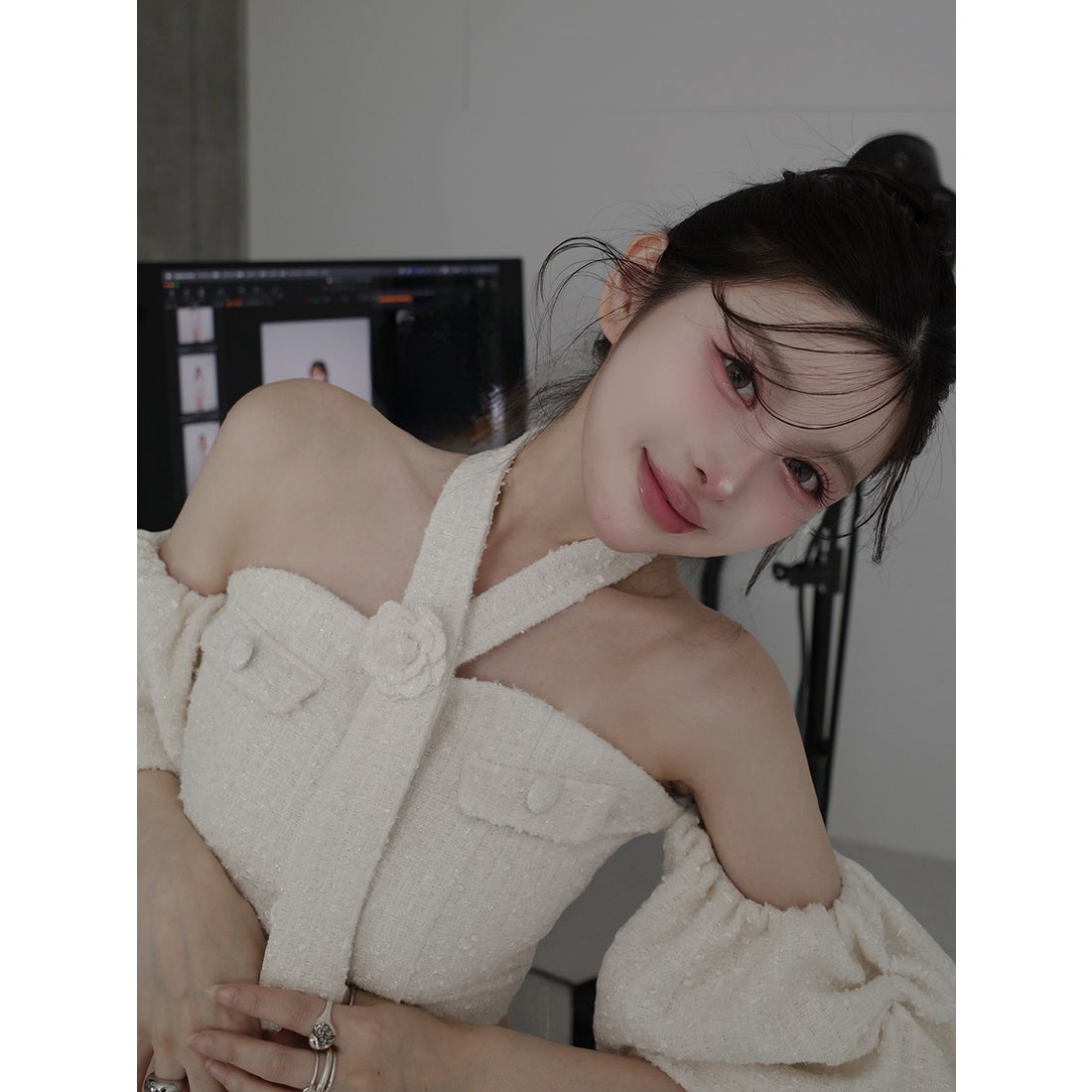 ダーリッチ Darich ホルターネックオフショルツイードトップス