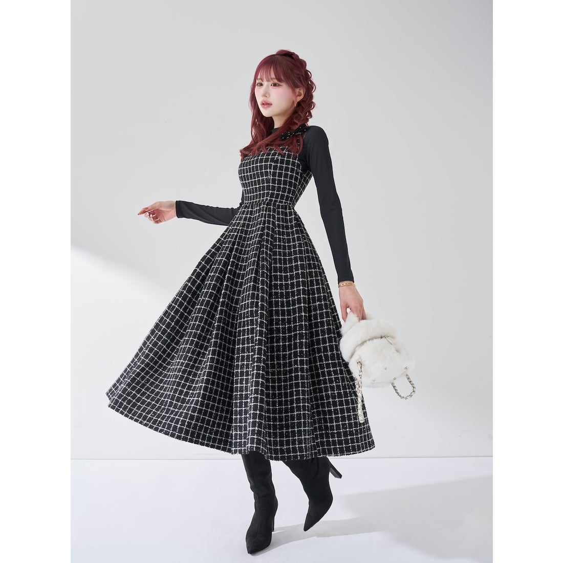 ダーリッチ Darich ツイードボリュームミディワンピース （ブラック