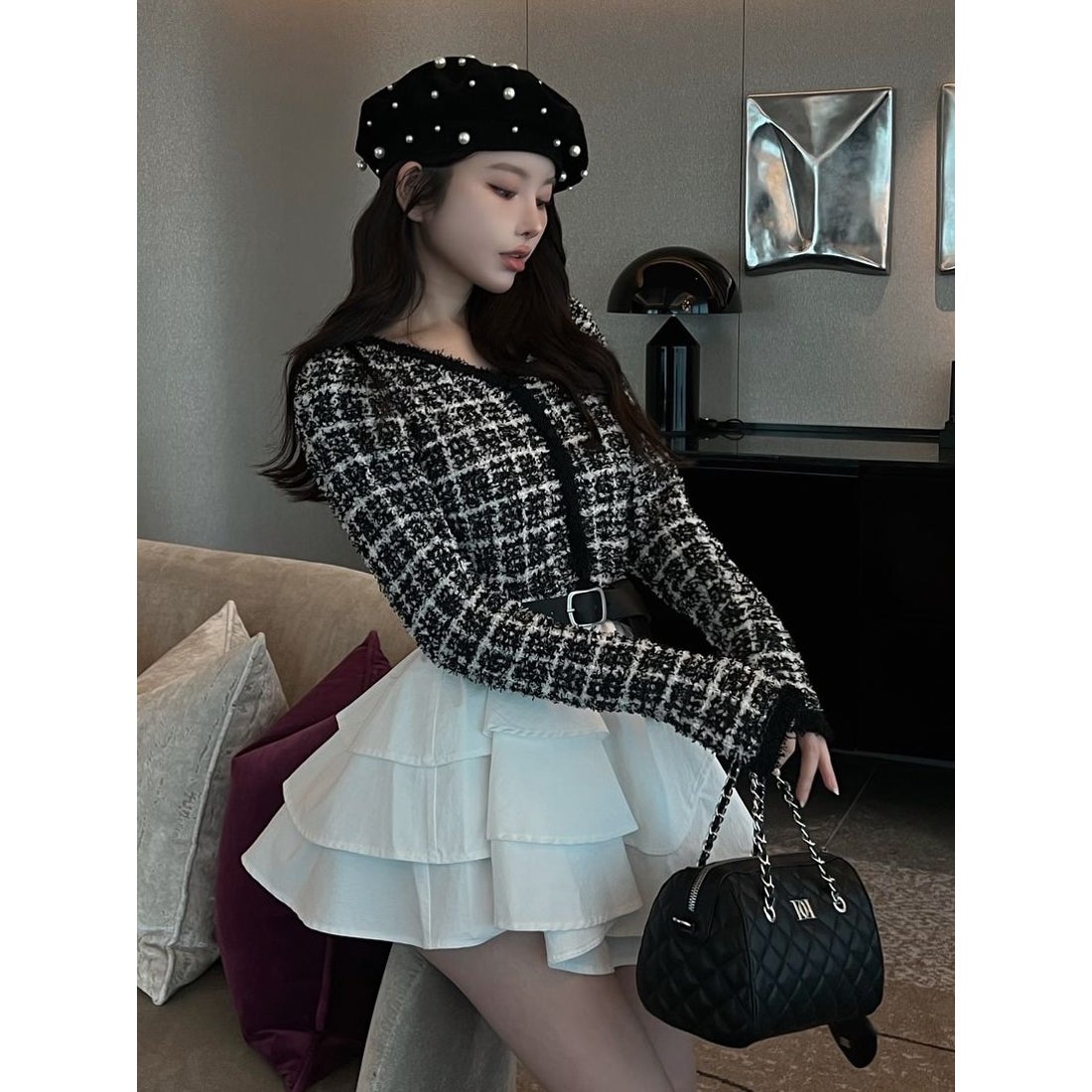 ダーリッチ Darich ボリュームフリルツイードニットミニワンピース