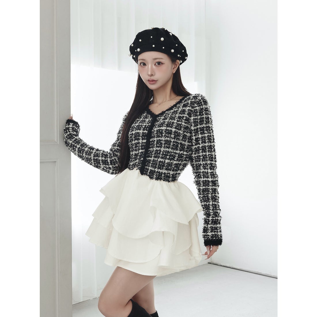 ダーリッチ Darich ボリュームフリルツイードニットミニワンピース