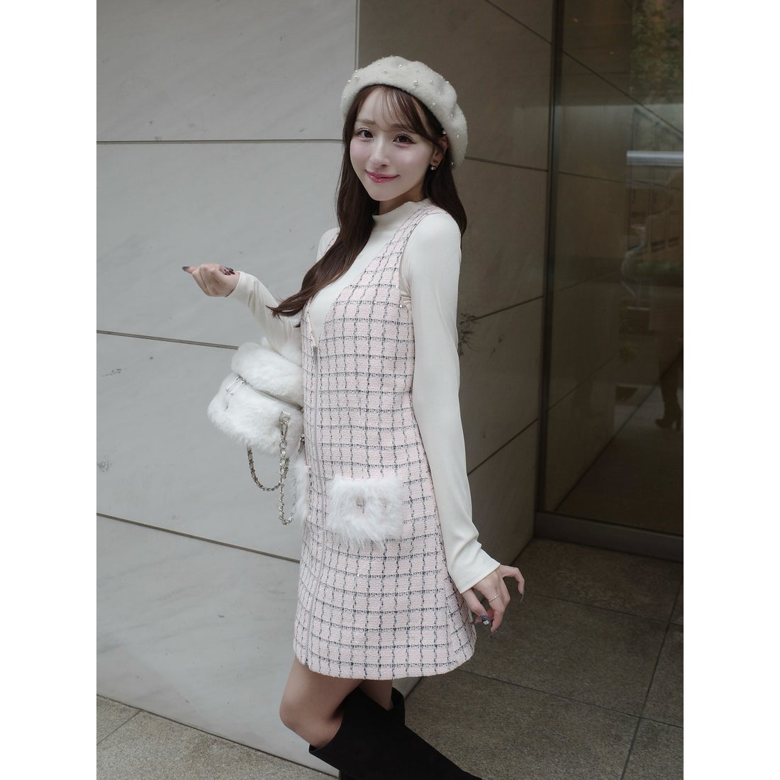 ダーリッチ Darich フロントファスナーツイードミニワンピース