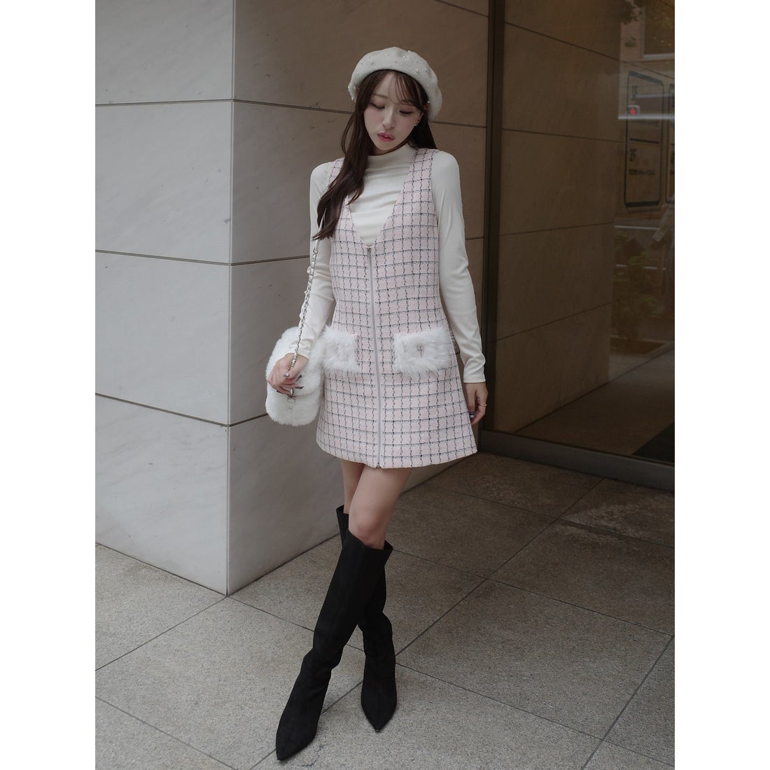 ダーリッチ Darich フロントファスナーツイードミニワンピース