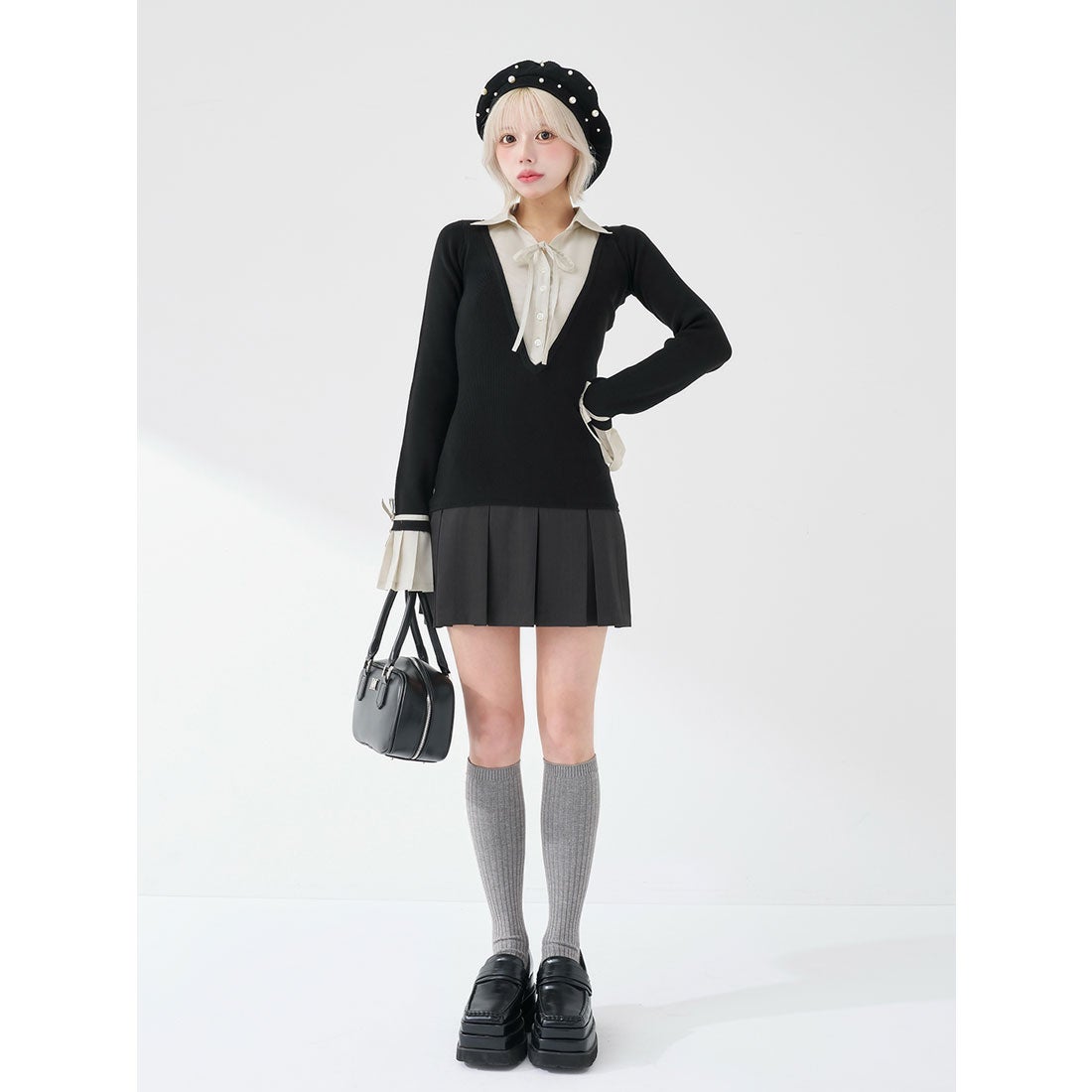 ダーリッチ Darich シャツドッキングプリーツミニワンピース